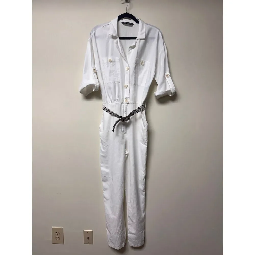 NWOT - ZARA Linen/Cotton Blend Belted Jumpsuit, Zip Fly, Roll Tab Sleeves, Sz S